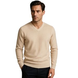 Giasone 2-Ply Cashmere Cream V-Neck Italian Luxury Knit Sweater Size L